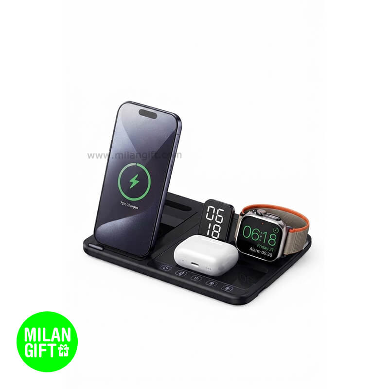شارژر وایرلس رومیزی ۴ کاره NEXU مدل R11S با ساعت دیجیتال و استند شارژ گوشی، اپل واچ و ایرپاد